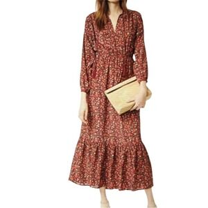 THE KOOPLES Silk Floral Midi Maxi Dress Sz S Maroon Tiered Ruffle Prairie Cottag